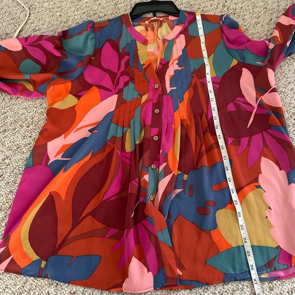 EASEL BOHO MULTI ABSTRACT LEAF PRINT LONG SLEEVE BUTTON-UP TOP M - Picture 6 of 11
